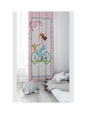 Nacario Pelangi Pembe Bisiklet Süren Kız Desenli Dijital Baskı Yıkanabilir Bebek Çocuk Odası Fon Perdesi, Pembe-Krem 140 x 270