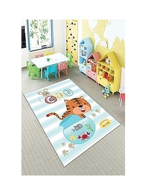 Nacario Pelangi Mavi Kedi Desenli Yıkanabilir Kaymaz Taban Leke Tutmazbebek ve Çocuk Odası Halısı, Mavi 100 x 250