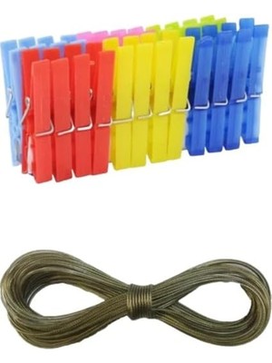 Nacario Smaerizi Plastik Çamaşır Mandalı 24 ADET+10MT Çelik Çamaşır Ipi Teli-2 Li Set