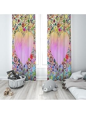 Nacario Pelangi Çok Renkli Kalp Desenli Dijital Baskı Yıkanabilir Bebek Çocuk Odası Fon Perdesi, Pembe-Renkli 140 x 270