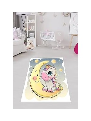 Nacario Pelangi Unicorn Ay Yıldız Desenli Dijital Baskı Yıkanabilir Kaymaz Taban Çocuk Odası Halısı, Sarı-Gri 80 x 50