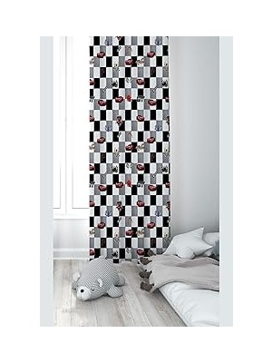 Nacario Pelangi Siyah Beyaz Yarış Arabası Desenli Dijital Baskı Yıkanabilir Bebek Çocuk Odası Fon Perdesi, Siyah-Kırmızı 140 x 200