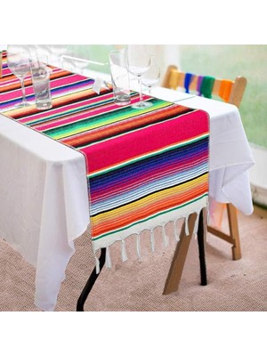 Nacario Aputue Masa Örtüsü, 35CM × 215CM Çizgili Saçaklı Pamuk Masa Örtüsü Dekorasyonu, Meksika El Dokuması Pamuk Serape Masa Örtüsü, Düğün ve Parti Dekorasyonları Için Uygun