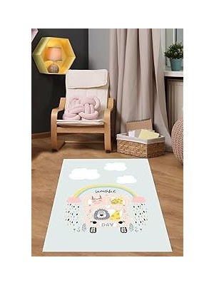 Nacario Pelangi Gökkuşaklı ve Bulutlu Beautiful Day Yazılı Yıkanabilir Kaymaz Taban Leke Tutmaz Çocuk Odası Halısı, Mavi-Pembe 100 x 150, 9038680150100150