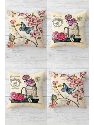 Nacario Pelangi Kelebek ve Çiçekler Desenli Vintage Gizli Fermuarlı Kırlent Kılıfı Koltuk Yastık Kılıfı TAKIM(4ADET), Pembe-Somon 45 x 45