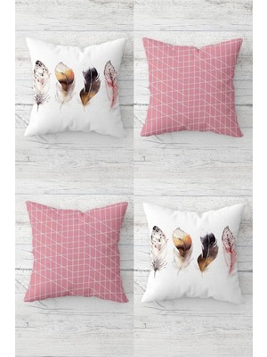 Nacario Pelangi Kuştüyü ve Geometrik Çizgiler Gizli Fermuarlı Kırlent Kılıfı Koltuk Yastık Kılıfı TAKIM(4ADET), Pembe-Beyaz 45 x 45