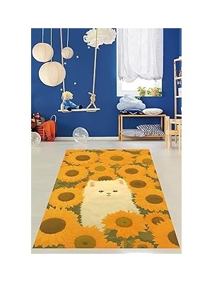 Nacario Pelangi Ayçiçekleri Arasında Sevimli Kedi Yıkanabilir Kaymaz Taban Leke Tutmaz Çocuk Odası Halısı, Sarı 160 x 300