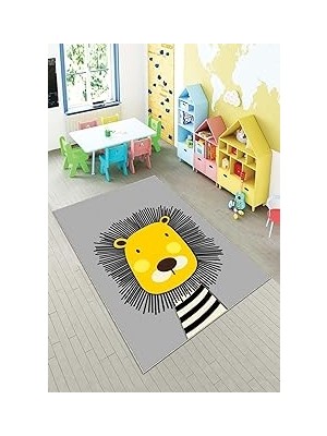 Nacario Pelangi Gri Aslan Desenli Yıkanabilir Kaymaz Taban Leke Tutmazbebek ve Çocuk Odası Halısı, Gri-Sarı 160 x 230
