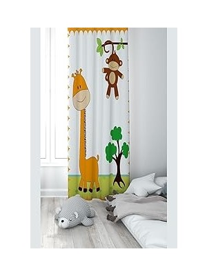 Nacario Pelangi Beyaz Zürafa ve Maymun Desenli Dijital Baskı Yıkanabilir Bebek Çocuk Odası Fon Perdesi, Beyaz 140 x 270