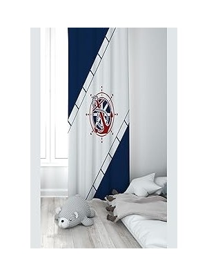 Nacario Pelangi Denizci Çapa Desenli Dijital Baskı Yıkanabilir Bebek Çocuk Odası Fon Perdesi, Lacivert-Beyaz 140 x 200