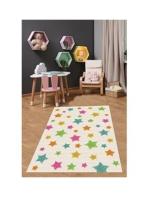 Nacario Pelangi Renkli Yıldızlar Yıkanabilir Kaymaz Taban Leke Tutmaz Çocuk Odası Halısı, Beyaz-Pembe-Yeşil-Sarı-Turuncu 100 x 150, 9038680030100150