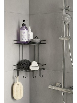 Nacario Sas Haus Banyo Köşe Rafı Askılı Duş Organizeri ve Şampuanlık 2 Katlı Siyah Ek-02