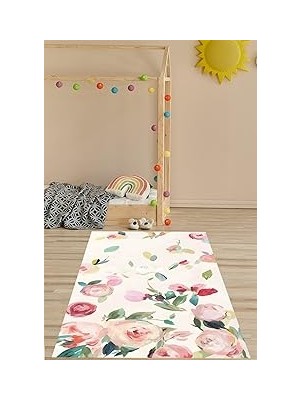 Nacario Pelangi Floral Suluboya Çiçekli Minimal Bohem Tarz Yıkanabilir Kaymaz Taban Leke Tutmaz Çocuk Odası Halısık, Uçuk Pembe 60 x 200