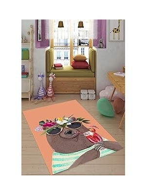 Nacario Pelangi Sevimli Ayı Desenli Halı Dijital Baskı Yıkanabilir Kaymaz Taban Leke Tutmaz Çocuk Odası Halısı, Yavruağzı-Kahve 120 x 180