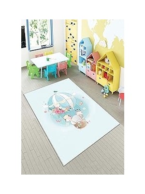 Nacario Pelangi Mavi Uçan Balonda Hayvanlar Yıkanabilir Kaymaz Taban Leke Tutmazbebek ve Çocuk Odası Halısı, Mavi 80 x 150, 90135707680150