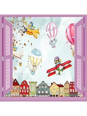 Nacario Çocuk Odası Bebek Odası Pencere Poster Duvar Kağıdı Balonlar Hayvanlar