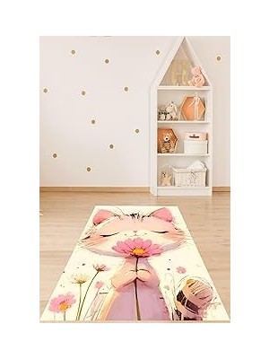 Nacario Pelangi Çiçekli Kedicik Yıkanabilir Kaymaz Taban Leke Tutmaz Çocuk Odası Halısı, Beyaz-Pembe-Kahverengi 80 x 250