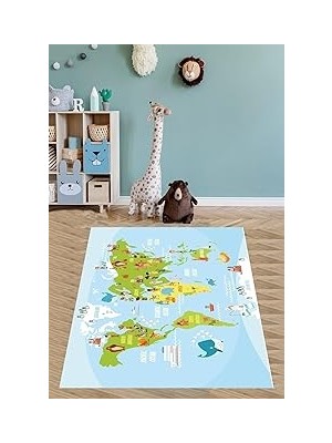 Nacario Pelangi Eğitici Harita Yıkanabilir Kaymaz Taban Leke Tutmaz Çocuk Odası Halısı, Açıkmavi-Yeşil-Sarı 180 x 300, 9038680019180300