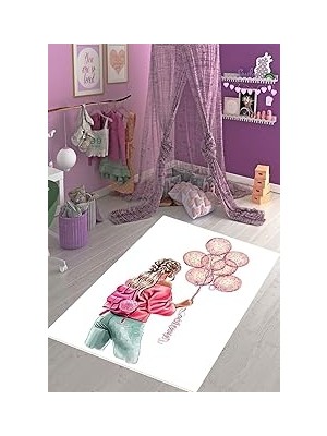 Nacario Pelangi Genç Kız Balon Desenli Çiçekli Halı Dijital Baskı Yıkanabilir Kaymaz Taban Kız Çocuk Odası Halısı, Renkli 100 x 350