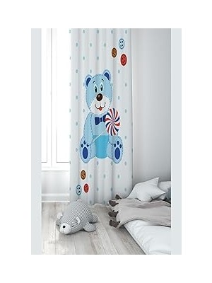 Nacario Pelangi Beyaz Ayıcık Desenli Dijital Baskı Yıkanabilir Bebek Çocuk Odası Fon Perdesi, Beyaz 140 x 240