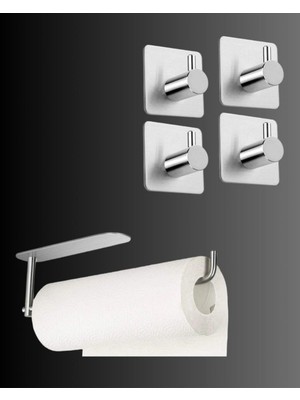 Nacario Deltahome Paslanmaz Çelik Yapışkanlı Kağıt Havluluk ve 4 Adet Banyo Askısı Set Inox - Anında Kolay Montaj