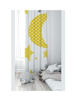 Nacario Pelangi Beyaz Yıldız ve Hilal Desenli Dijital Baskı Yıkanabilir Bebek Çocuk Odası Fon Perdesi, Sarı-Beyaz 70 x 200