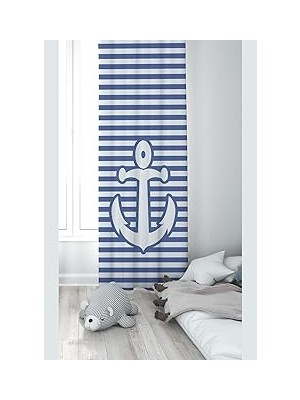 Nacario Pelangi Beyaz Mavi Çapa Desenli Dijital Baskı Yıkanabilir Bebek Çocuk Odası Fon Perdesi, Indigo Mavi-Beyaz 70 x 200