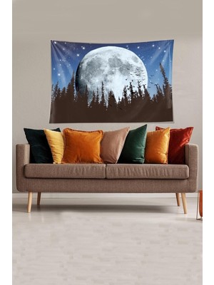 Nacario Pelangi Mavi-Beyaz Ay ve Çam Ağaçlı Leke Tutmaz Kadife Kumaş Duvar Örtüsü Duvar Halısı Tapestry YWLL379, 140 x 140