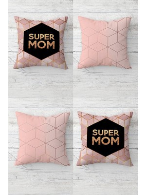 Nacario Pelangi Super Mom Yazılı Anneler Günü Için Gizli Fermuarlı Kırlent Kılıfı Koltuk Yastık Kılıfı TAKIM(4ADET), Siyah-Gül Kurusu 45 x 45