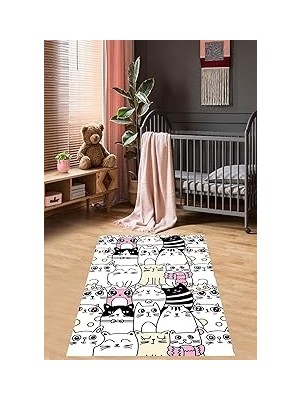Nacario Pelangi Kedi Desenli Halı Kedili Halı Dijital Baskı Yıkanabilir Kaymaz Taban Çocuk Odası Halısı, Beyaz 80 x 400