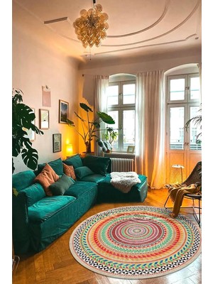 Nacario Latte Dizayn Rustic Modern Desenli Şönil Pamuk Tabanlı Yıkanabilir Kaymaz Antibakteriyel Yuvarlak Salon Halısı 200X200