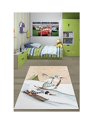Nacario Pelangi Kayak Yapan Leylekler Kış Temalı Yıkanabilir Kaymaz Taban Leke Tutmaz Çocuk Odası Halısı, Mavi-Bej-Yeşil 130 x 180, 7642012813018005