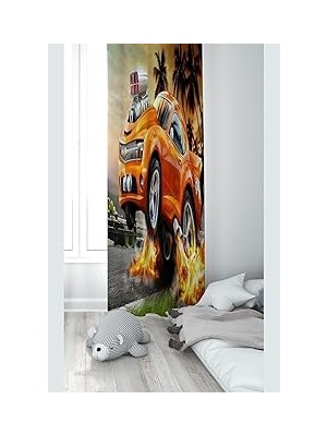 Nacario Pelangi Turuncu Araba Desenli Dijital Baskı Yıkanabilir Bebek Çocuk Odası Fon Perdesi, Turuncu 140 x 270