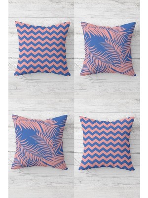 Nacario Pelangi Zigzag ve Tropikal Yaprak Desenli Gizli Fermuarlı Kırlent Kılıfı Koltuk Yastık Kılıfı TAKIM(4ADET), Pembe-Mavi 45 x 45
