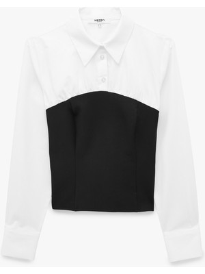 Koton Pamuklu Slim Fit Renk Kontrastlı Uzun Kollu Korse Detaylı Poplin Gömlek
