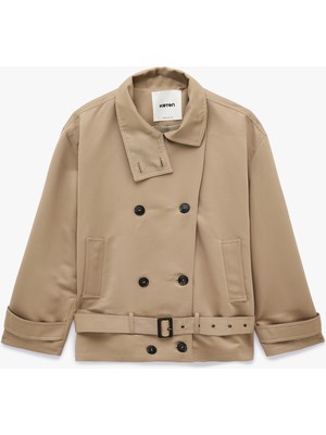 Koton Uzun Kollu Cepli Kemerli Düğmeli Kruvaze Dik Yaka Gabardin Kısa Oversize Trençkot