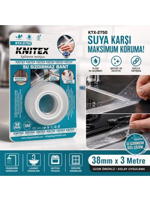 Knitex KTX-2750 Şeffaf Su Sızdırmaz Bant 38 mm x 3 Metre | Güçlü Yapışkanlı Lavabo, Duşakabin ve Mutfak Tezgahı Izolasyon Bandı