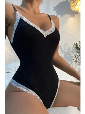 Nevamel® Kadın Beyaz Dantel Işlemeli Siyah Tulum Gecelik