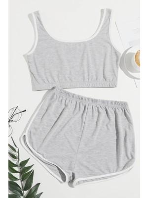 Nevamel® Kadın Gri Askılı Crop Top ve Şortlu Gecelik Takım