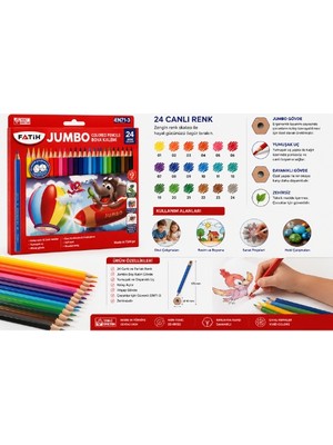 Fatih Jumbo 24 Renk Kuru Boya Kalemi | Jumbo Kalın Gövde | Yumuşak Uç | EN71-3 Güvenlik Sertifikalı