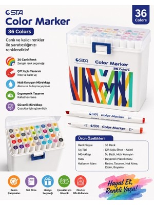 STA Color Marker 36 Renk Çift Uçlu Keçeli Kalem Seti | Ince & Kalın Uç | Taşıma Kutulu