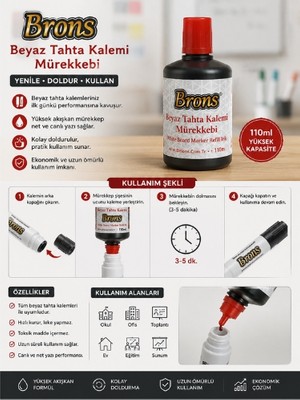Brons Beyaz Tahta Kalemi Mürekkebi 110 ml | Beyaz Tahta Kalemi Dolum Mürekkebi | Kırmızı