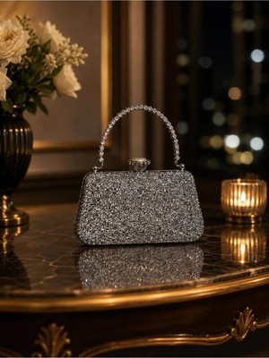 RoseBuy Bags Kadın Gümüş Taşlı Abiye Gece Çantası – Şık Clutch Portföy