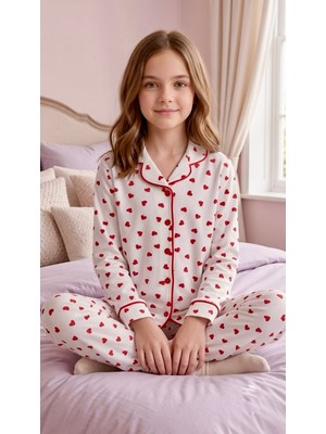 Enie Anne-Kız Çocuk Pamuklu Kalp Desenli Uyku Gözlüklü Pijama Takımı