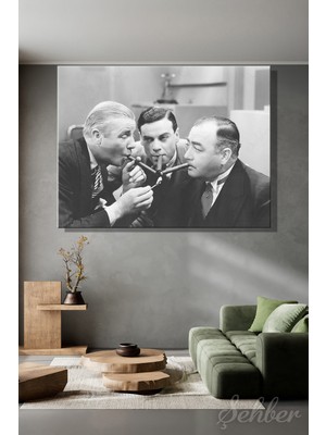 Şehber Yatay Kanvas Tablo Tekli Ev Kafe Ofis Siyah Beyaz Nostaljik Tek Kibritle Puro Yakan 3 Adam 2787
