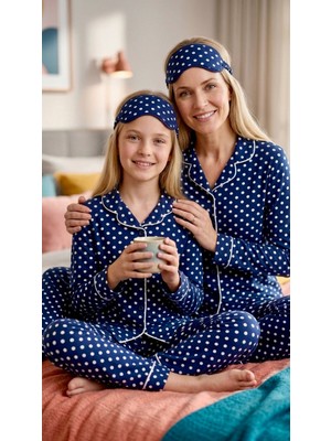 Enie Anne-Kız Çocuk Lacivert Pamuklu Puantiye Desenli Uyku Gözlüklü Pijama Takımı
