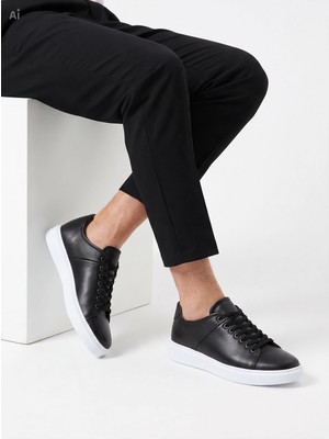Dropland Erkek Hakiki Deri Sneaker Günlük Spor Ayakkabı Siyah - Beyaz Taban L Rahat Casual Ayakkabı