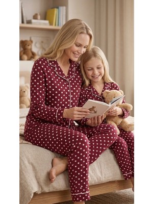 Enie Anne-Kız Çocuk Bordo Pamuklu Puantiye Desenli Uyku Gözlüklü Pijama Takımı