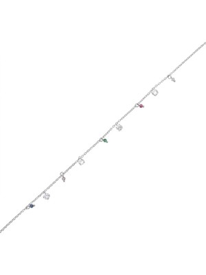 Zeino Çok Renkli Zirkon Taşlı Çelik Halhal  - Gümüş Rengi Kaplama - 20+5 cm