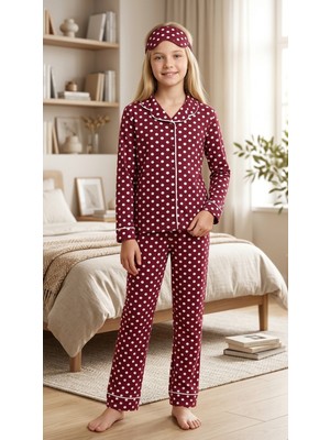 Enie Anne-Kız Çocuk Bordo Pamuklu Puantiye Desenli Uyku Gözlüklü Pijama Takımı